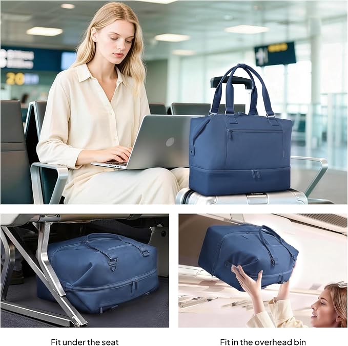 Travel Duffle Bag for Women, 40L Weekender Bags Airline Approved Carry On with Shoe Compartment & Waterproof Wet Pocket, Durable Nylon Weekender Overnight Bag for Travel, Gym, Business Trip, Blue