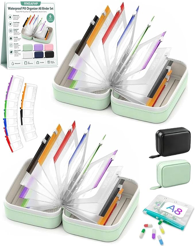 Waterproof Pill Organizer A8 Binder Set Pill Pouches for Travel 14PCS Bags Inside Large Zippered Pouch Bpa-Free Weekly Medicine Air Tight Pocket Color-Coded Reusable Travel Storage System