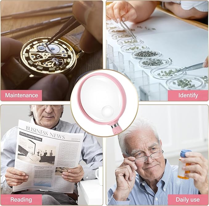 Feosky Handheld Reading Magnifier, 10X Magnifier, 90mm Shatterproof Lens, Non-Slip Handle for Adults Close Work, Seniors Reading and Nature Exploration, Hobby Observation(Pink)