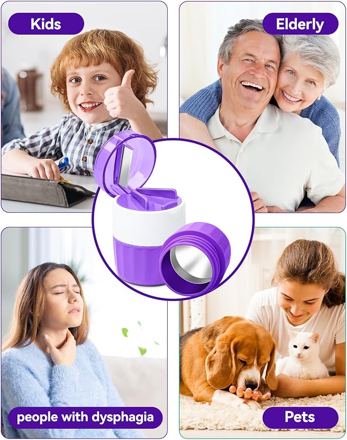 Pill Crusher and Pill Cutter - Cotatoc 3-in-1 Pill Crusher Fine Powder with Stainless Steel Grinding Head, Tablet Grinder with Storage for Tablets, Pill Cutter Splitter for Small Pills (Purple)