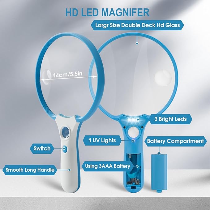 Large Magnifying Glass with Light, Magnifier Handheld Illuminated Lighted Magnifier with 3 LED Lights 1UV Light Storage Bag Clean Cloth for Seniors Reading Inspection (Blue)