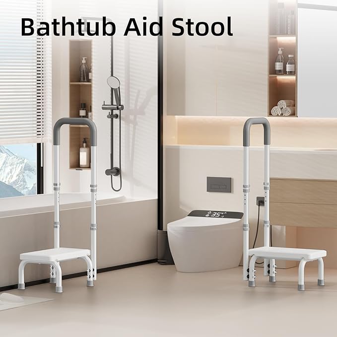 Step Stool with Handle for Ederly and Non-Skid Platform, Height Adjustable Heavy Duty Steps Foot Stool for Adult, Seniors, Foot Stool for Bedside, Kitchen,Bathtub Car,Safely Load 440 lbs. (White)