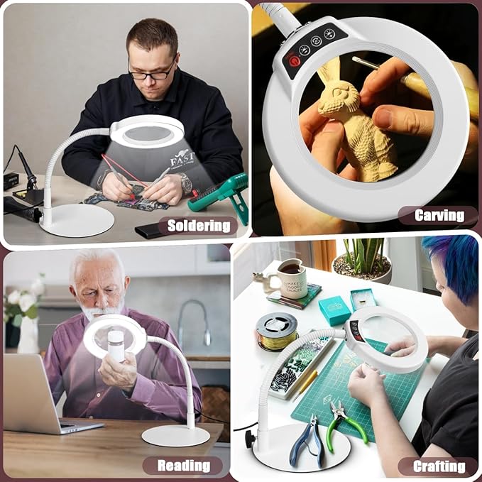 10X Magnifying Glass with Light and Stand, 5 Color Modes Stepless Dimmable LED Lighted Desk Lamp, Hands Free Flexible Gooseneck Magnifier with Light for Craft Hobby Painting Close Work - White