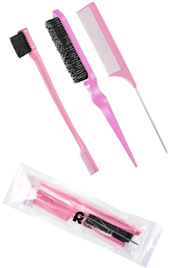 Geiserailie 3 Pcs Slick Back Hair Brush Set Bristle Brush Edge Control Teasing Comb for Women Black Hair(Light Pink)