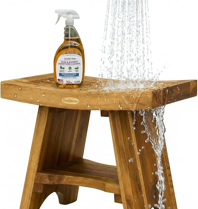 EcoDecors Serenity Teak Shower Bench – 18 Inch, Natural Finish, 300 Pound Capacity Safe & Stable Seating + Loveable 32 oz Teak Cleaner Spray Bottle