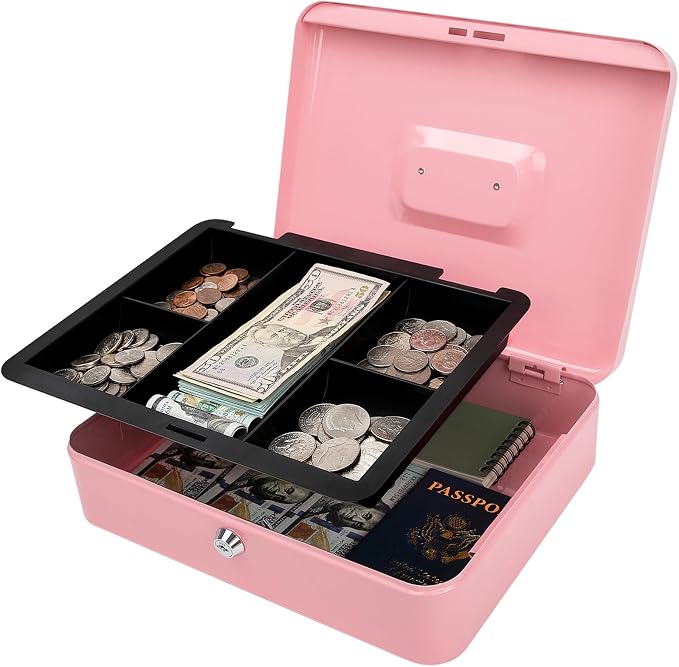 Jssmst Large Cash Box with Key Lock - Durable Metal Cash Box with Money Tray, 11.81 x 9.84 x 3.46 inches (X-Large, Pink)