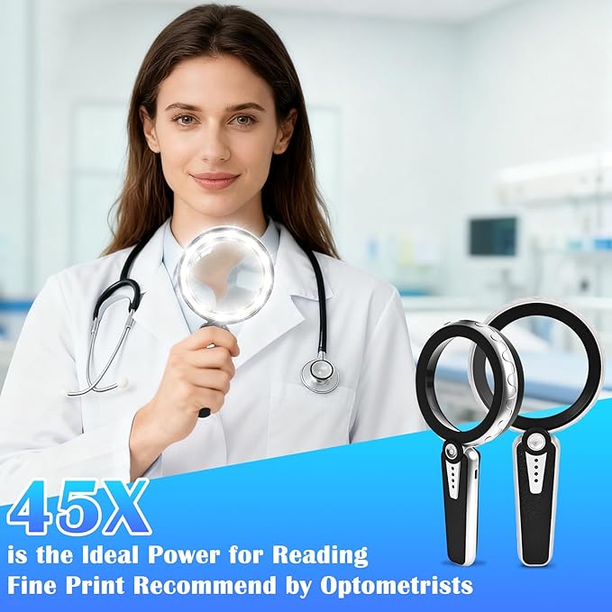 45X Magnifying Glass with Light, 4.6-Inch 1200mAh USB Rechargeable, 6 Color Modes for Low Vision Seniors, Reading, Jewelry & Coin Appraisal - Black Silver