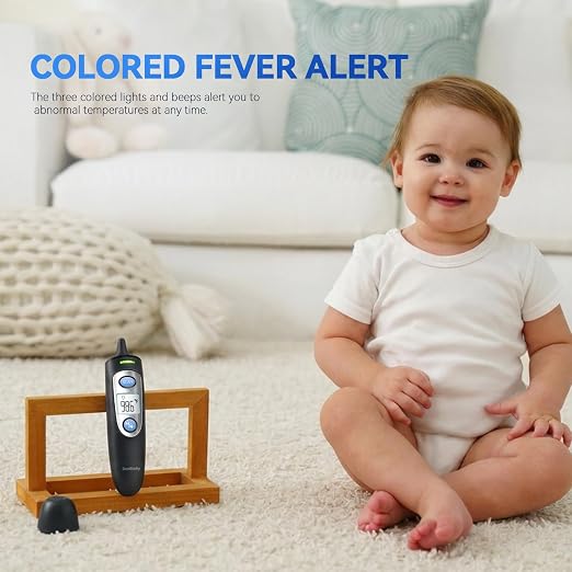 Ear and Forehead Thermometer for Adults & Kids, 1s Accurate Result (Black) | Fever Alarm