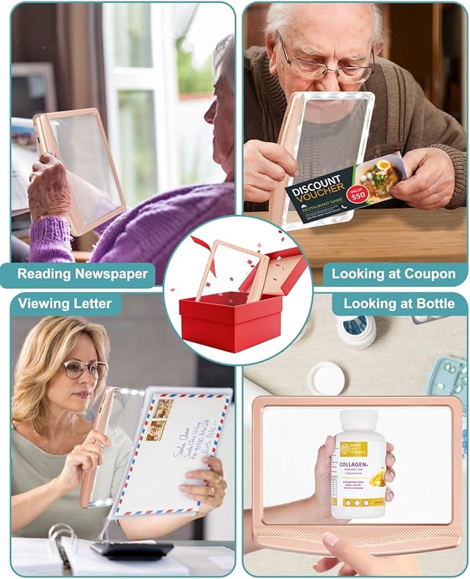 5X Rechargeable Magnifying Glass with Light, Large Bright LED Lighted Full Page Magnifier, Lightweight Rectangular Handheld Magnifier with Light for Reading Small Prints for Senior, Rose Gold