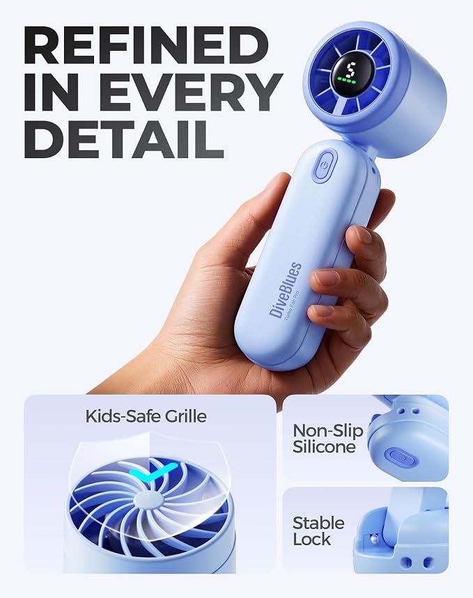Diveblues Mini Portable Handheld Turbo Fan 27ft/s, 4000mAh Battery | 12H Max Cooling, 5 Speeds, LED Display, Quiet Motor, 3-in-1 Handheld/Neck/Desk Fan for Travel, Cruise & Disney Essentials