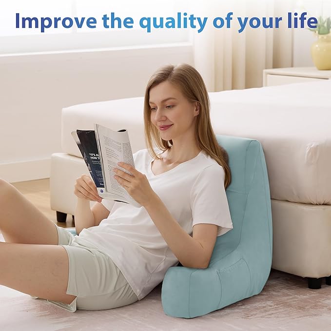 Reading Pillow with Arms For Adult, Back Pillow for Bed Sitting Up, Shredded Memory Foam Backrest Pillow with Pockets & Removable Washable Cover, Lounging, Watching TV, Reading(20in Lake Blue)