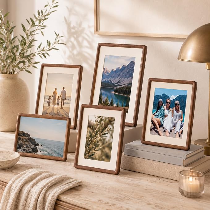 Solid Walnut Picture Frame 6x8 8x10, Large Solid Wood Tabletop Photo Frame with Decorative Joinery Corners (Walnut, For A4 / 8x10 / 6x8 Photo)