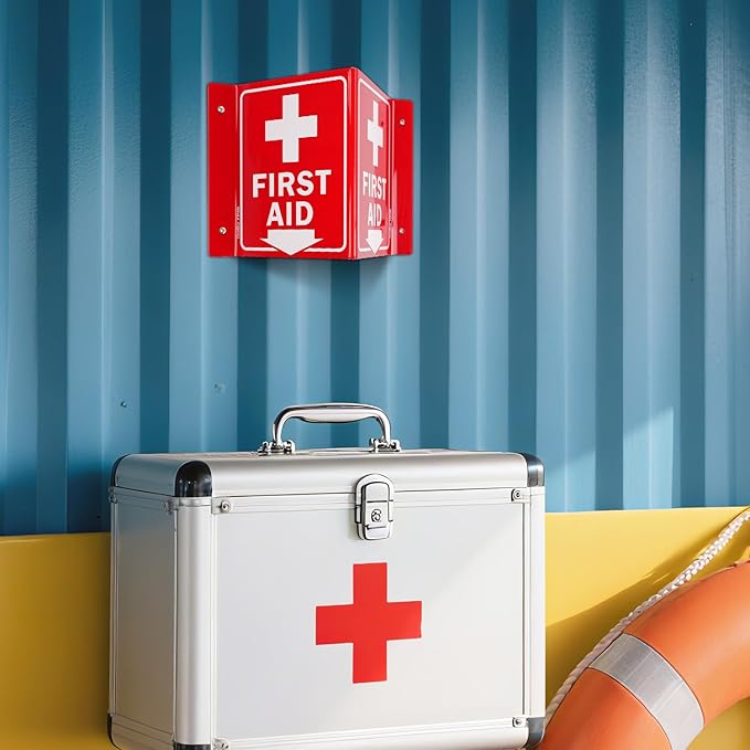 GicnKeuz First Aid Sign, 8" x 6" First Aid with Cross Symbol, Two-Sided Acrylic V-Sign for Business or Office or Wall Décor, Including Screws, Easy to Install (4 Pack)