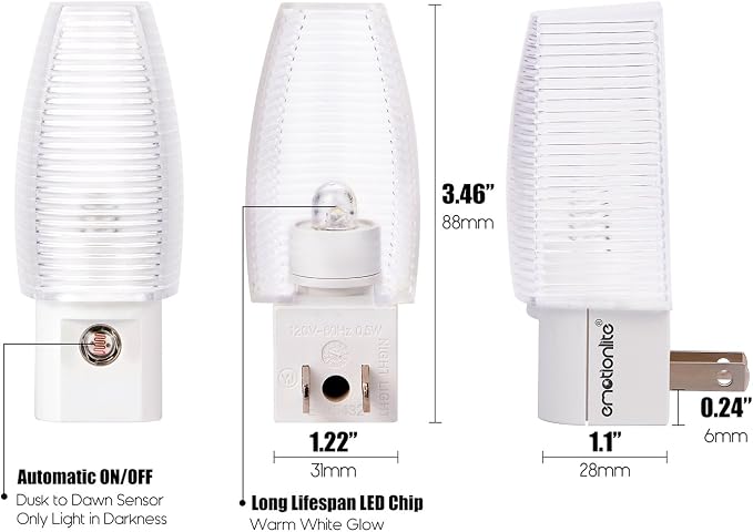 Emotionlite Plug-in Night Light, Dusk to Dawn Sensor, Warm White, 4 Pack | Warm white sensor night light, ideal for nursery, bedroom, bathroom, hallway, stairs & kitchen