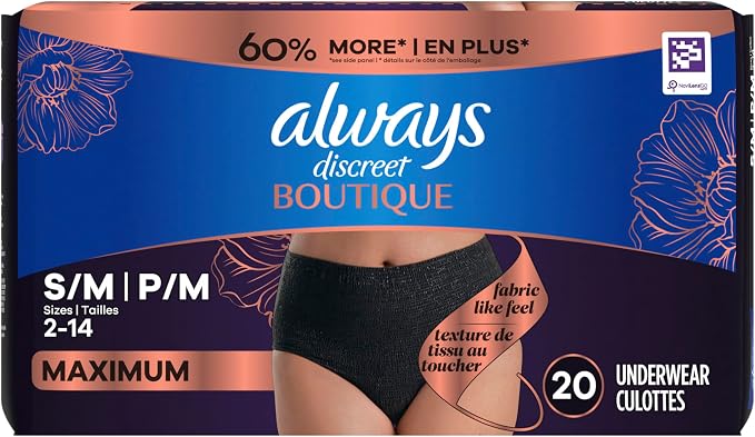 Always Discreet Boutique Incontinence and Postpartum Underwear for Women, Maximum Protection, Small/Medium, Black, 20 Count (Pack of 3)