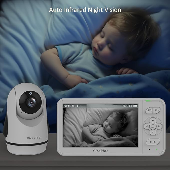 Baby Monitor, 5” Video Baby Monitor with Camera and Audio, 32-Hour Battery, Non WiFi, 2 Way Talk, Temp Sensor, Auto Night Vision, Pan Tilt Zoom Camera, Suitable for Monitor Baby and Elderly