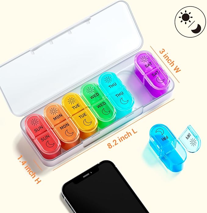 Weekly Pill Organizer 2 Times a Day - AM PM Pill Organizer with 7 Daily Color-Coded Small Cases, Morning and Night Travel Pill Cases for Vitamins, Medicine, & Supplements