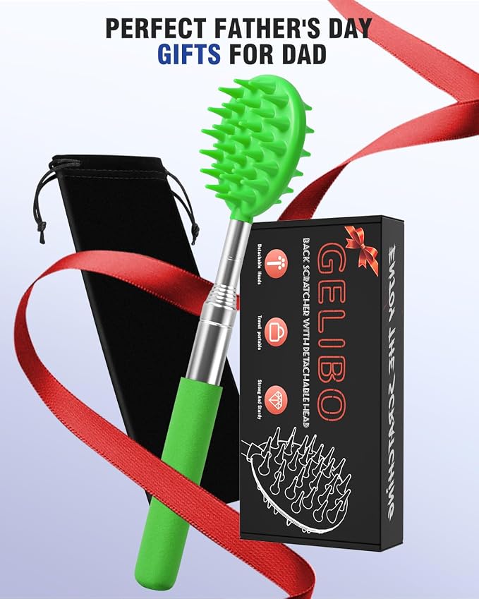 Telescoping Back Scratcher with 5 Detachable Heads, Gifts for Men Dad Green | 10-31'' Reach,Stainless Steel, Non-Slip Grip, Birthday Gifts for Men Women, Christmas Stocking Stuffers, White Elephant Gifts
