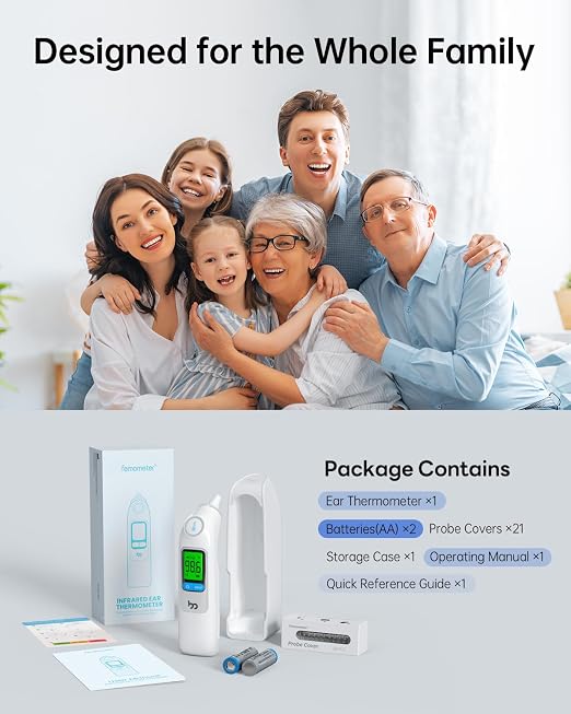 femometer Infrared Ear Thermometer for Adults & Kids, with Storage Case | Highly Accurate, 1s Fast Reading, 30 Memory Recall, 3-Color Fever Alarm, with 21 Disposable Probe Covers & Storage Case