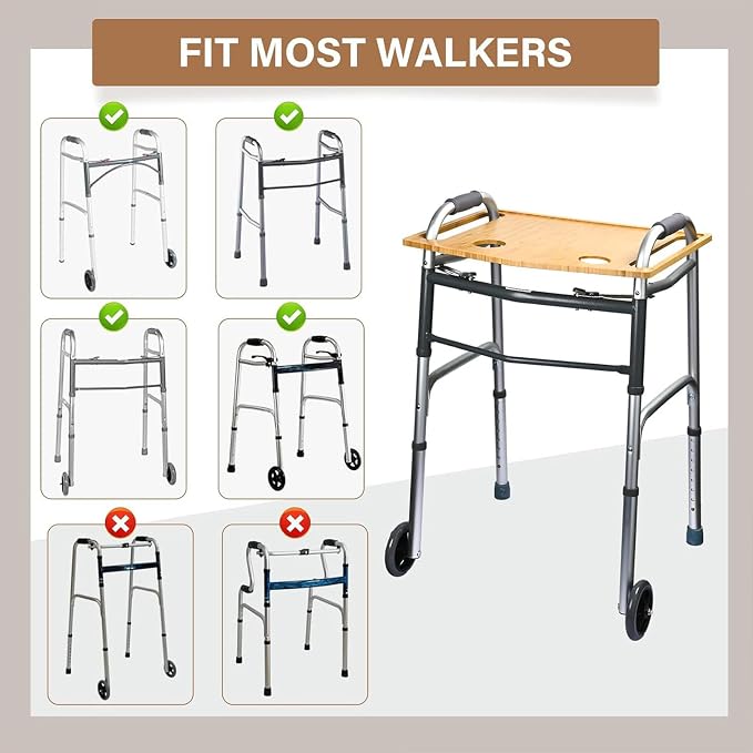 Walker Tray 21x15in Bamboo Table Cup Holder Folding | 21x15 inch bamboo walker tray, dual cup holders, strap for folding walker, raised lip anti-spill, portable