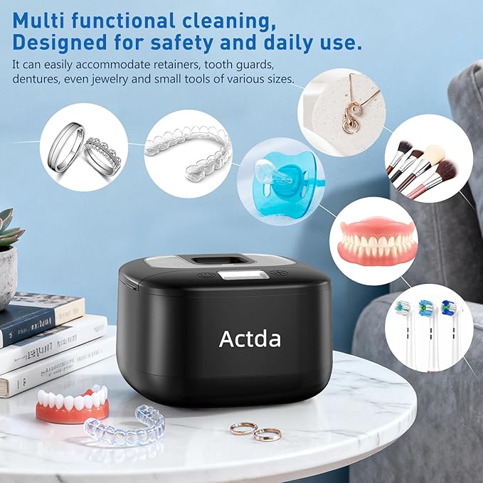 Ultrasonic Retainer Cleaner, Upgraded Wireless Professional Sonic Dental Cleaning Machine, Dental Cleaning Pod Night Guard Cleaner for Dentures, Retainers,Aligner, Mouth Guards, Jewelry, Black