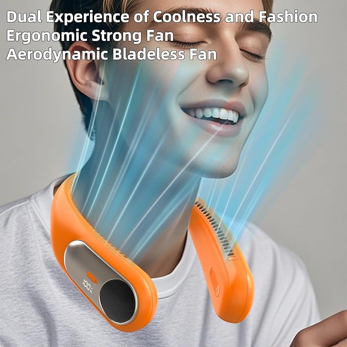 Portable Neck Fan, Personal Wearable Bladeless Fan for Outdoor Indoor, LED Display, 360° Cooling, 4-Speeds, 6000mAh USB Rechargeable, Birthday Gifts for Men Women Dad Mom (Orange)