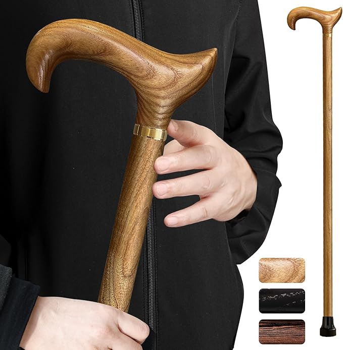 Wooden Walking Cane for Men and Women -Natural Solid Wood, 3 Rubber Tips, Heavy Duty, with Travel Bag- Wooden Walking Stick, Ergonomic Canes for Seniors Unisex Walking Canes