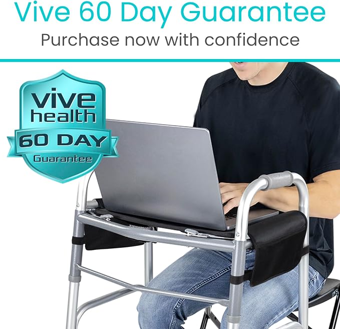 Vive Walker Tray for Folding Walker w/Cup Holder & Pockets - Removable | Adult Mobility Accessories - Fits Standard Walkers - Medical Table for Seniors Non Slip Mat for Food - Easy Assembly