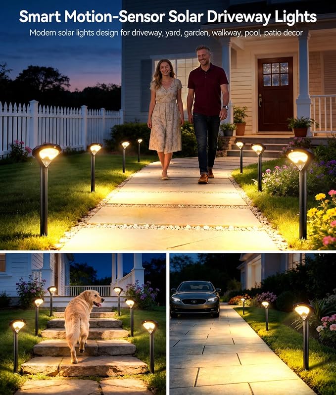 400LM Solar Pathway Lights Outdoor with Motion Sensor, 2 Pack | 3 Modes Security Solar Yard Lights, Larger Glass Panel, Waterproof Path Lights for Walkways, Garden, Patios, Driveways, Black
