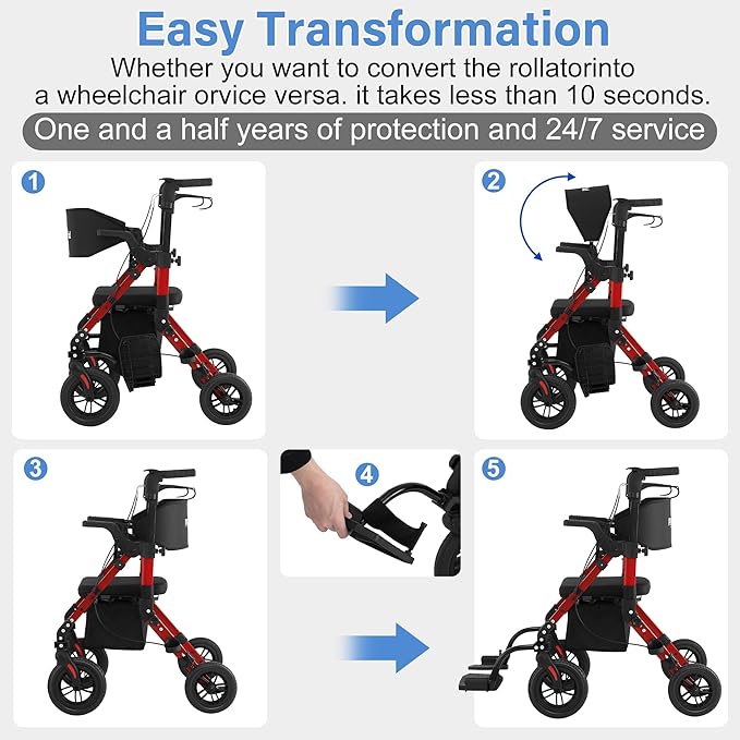 Rollator Walkers for Seniors with Seat, Walker Wheelchair Combo, 2 in 1 Rolling Walker Transport Wheelchair Lightweight Foldable, 10" Big Wheels Transport Chair with Brakes,Red