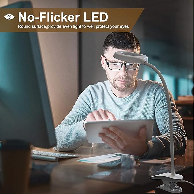Desk Lamp, JKSWT Clip on Light Reading Light Ring Light LED with 3 Color Modes, 9 Brightness Dimmer, 60 pcs LEDs, Touch-Sensitive Control Pane, 360 ° Flexible Gooseneck Bed Light