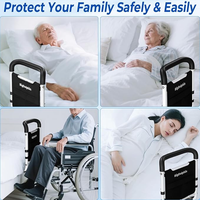 Bed Rails for Elderly Adults Safety - ASTM Approved Adjustable Bed Cane with Non-Slip Ergonomic Handle & Storage Pocket, Bed Railings for Seniors Support 400 LBS, Tool-Free