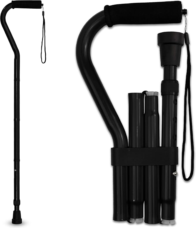 RMS Folding Cane with Offset Foam Handle, Adjustable Walking Stick with Carrying Pouch (Black)