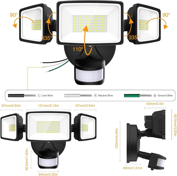 Onforu Motion Sensor Outdoor Lights, Hardwired Security Floodlights, Black | 7000LM 75W LED flood lights with movement detection, IP65 dusk to dawn outside lighting for Yard Garage, 3 Pack