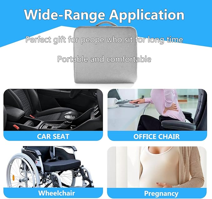 YOUFI Extra Thick Large Seat Cushion -19 X 17.5 X 4 Inch Gel Memory Foam Cushion with Carry Handle Non Slip Bottom - Pain Relief Coccyx Cushion for Wheelchair Office Chair (Gray)