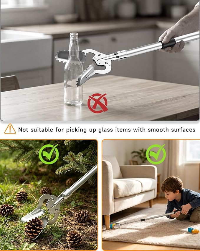 Heavy Duty Reacher Grabber Pickup Tool,38inch Short Fireplace Fits Grabber Reacher Tool Aluminum Alloy Trash Picker Wide Jaws Hollow Wood Grabber Tool Log BBQ Tongs with Study Durable Handle