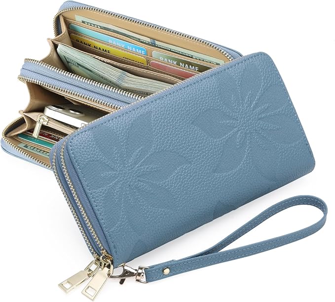 GOIACII Women's Wallet Large Capacity Double Zip Ladies Card Phone Holder RFID Blocking Wristlet Leather