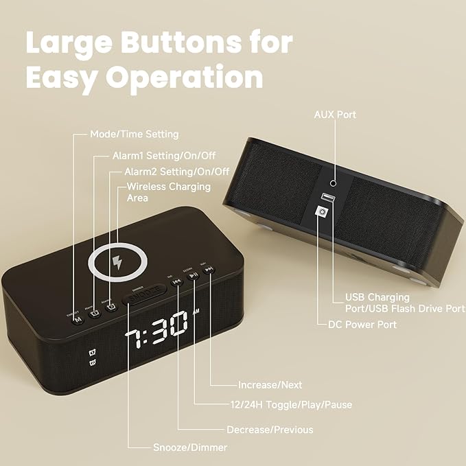 Digital Alarm Clock White Noise, Loud Digital Alarm Clocks Bedrooms, Alarm Clock Speaker Wireless Charger AUX USB Bluetooth Speaker 12/24H Dual Alarm Snooze Adjustable Brightness, Black
