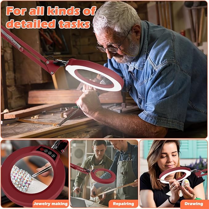 10X Magnifying Glass with Light and Stand, Real Glass Lens Desk Lamp, Lighted Magnifier with Light Stepless Dimming Hands Free for Craft, Reading, Painting, Sewing, Solder - Red