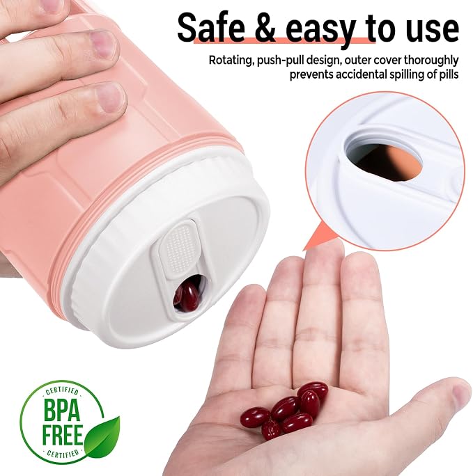 Betife Extra Large Supplement Organizer,Weekly Pill Organizer Bottle, Daily Pill Dispenser with 7 Large Compartments, Organizer to Hold 7 Day Vitamin Medication,21 Labels and a Cleaning Brush(Pink)