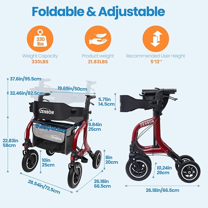 Rollator Walker for Seniors/Adults Foldable Rolling Walker with Seat 330 lbs Capacity 10 inch Wheels Hand Grips Adjustable Height Lightweight Durable Aluminum Walker Removable Back Support (Red)