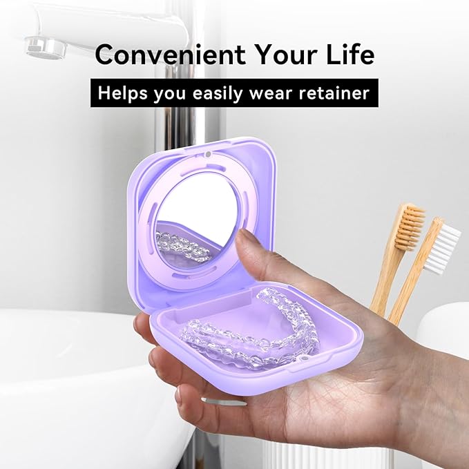 HEMILAB® Retainer Case, Slim Aligner Case with Vent Holes, Compatible with Invisalign, Mouth Guard Case with Mirror, Cute Orthodontic Retainer Case with Retainer Removal Tool and Brush, Purple