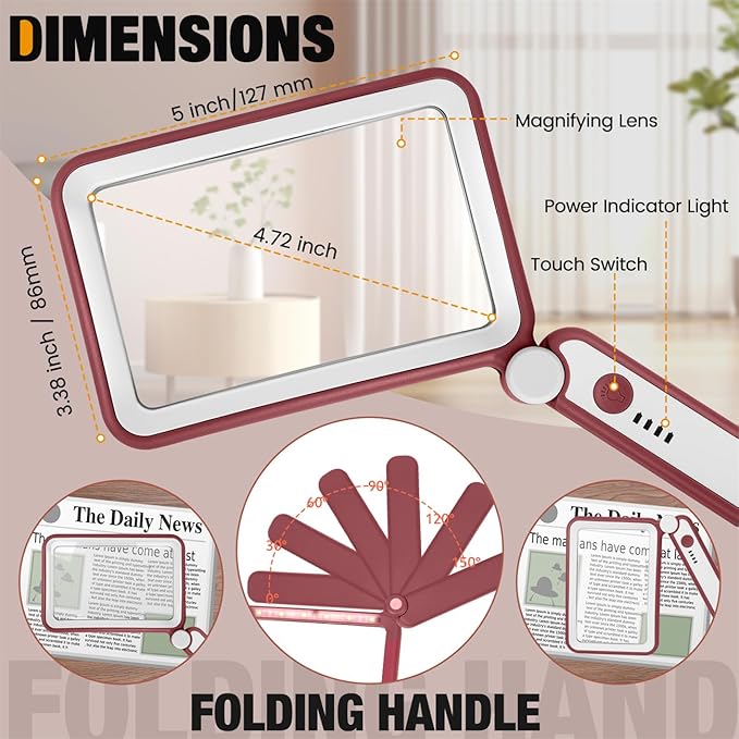 Rechargeable Magnifying Glass with Light for Reading, 5X Large Page Magnifier with LED Lighted for Seniors Low Vision, Folding Handheld Rectangle Magnifier for Reading Small Print, Red-White