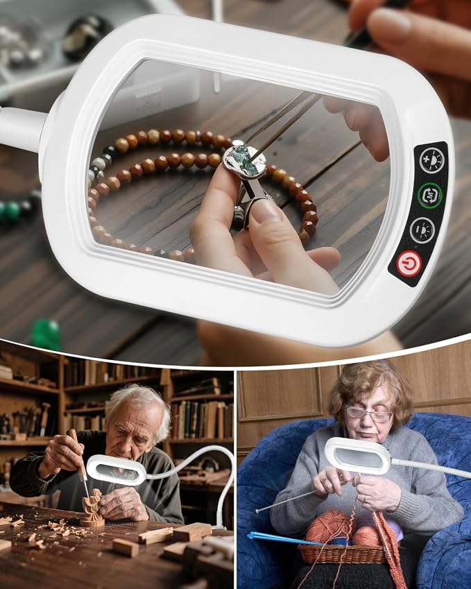 12X Rectangle Magnifying Glass with Light and Stand, 24" Flexible Gooseneck 3-in-1 Floor Lamp, 5 Color Modes Stepless Dimmable, LED Lighted Hands Free Magnifier for Reading Painting Close Work - White