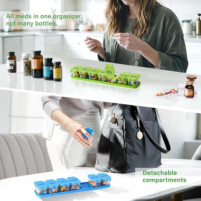 2-Pack Large Waterproof 7-Day Pill Organizer - Extra Large AM/PM Pill Boxes for Vitamins, Fish Oils & Supplements, Portable Daily Medication Dispenser