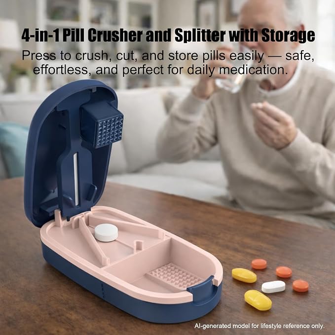 Portable Pill Cutter Splitter for Tiny Pills and Large Tablets, Easy Pill Press and Tablet Divider, Pill Organizer for Vitamins and Prescription Pills with Safety Blade Guard – Blue