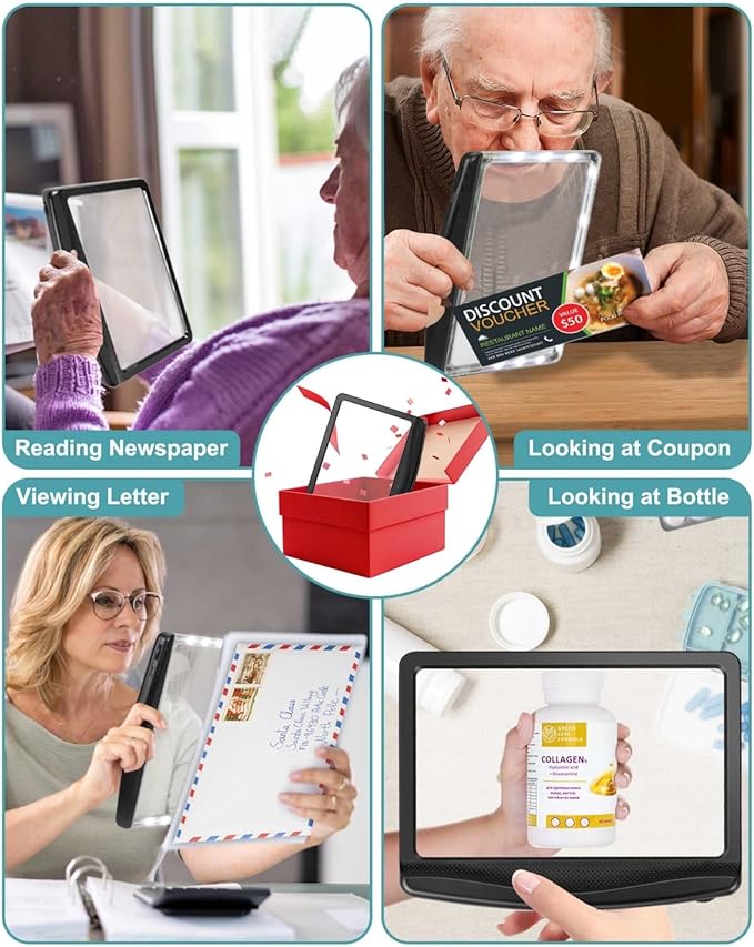 5X Rechargeable Magnifying Glass for Reading, Large Bright LED Lighted Full Page Magnifier, Lightweight Rectangular Handheld Magnifier with Light for Reading Small Prints for Seniors, Black