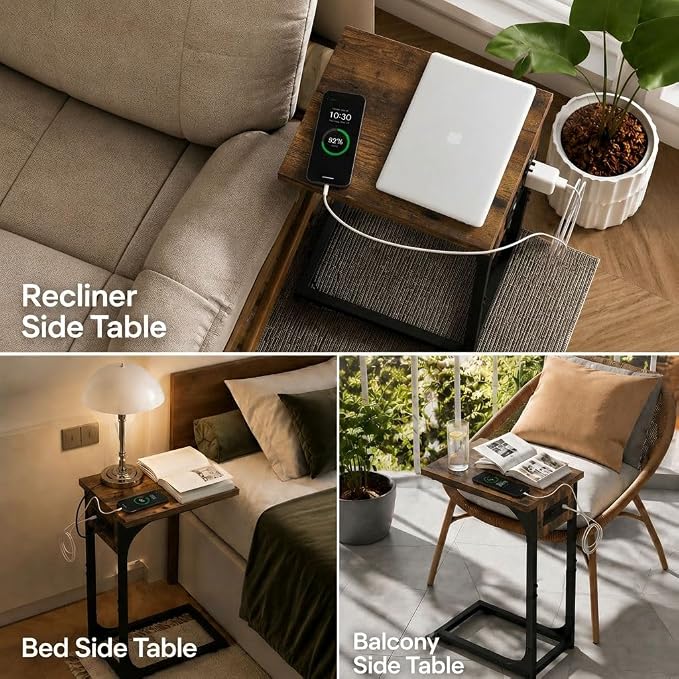 TEMI C Shaped End Table for Couch with Charging Station, Small Side Table TV Tray for Eating or Laptop, Accent Desk for Sofa or Chair, Space Saving Living Room Bedroom, Rustic Brown