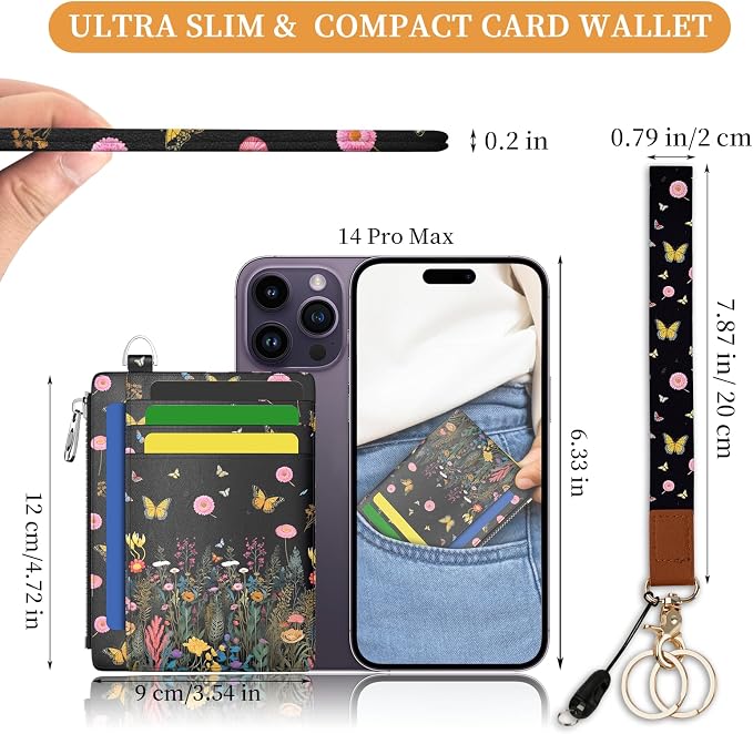 Hancynir Floral Slim Wallet Women Credit Card Holder, Wristlet RFID Small | Butterfly Keychain Wallet, Travel Zipper Coin Pocket, Cute Ladies Gifts Women, Minimalist Card Case, 6 Card Slot, PU Leather