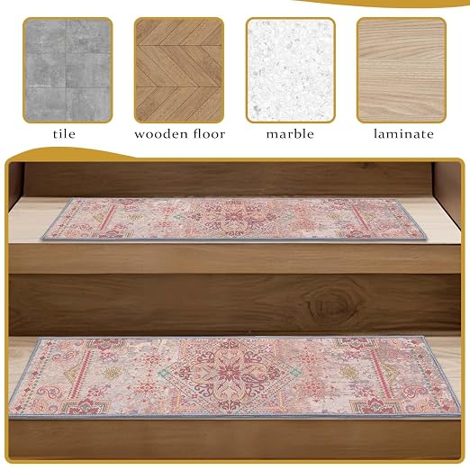 8”x 30” Carpet Stair, Anti-Slip Carpet Treads for Wooden Steps, Self-Adhesive Decorative Stair Runners, Slip-Resistant Treads for Indoor Wooden Staircases (15, Pink, 8X30 inch)